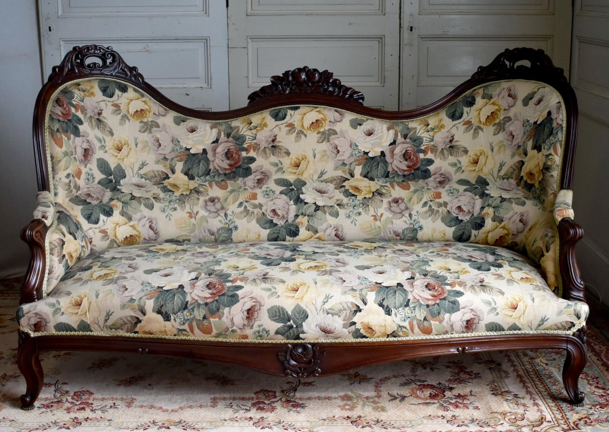 Three Bosses Sofa, Carved Mahogany Bench, Napoleon III, Circa 1850-photo-4