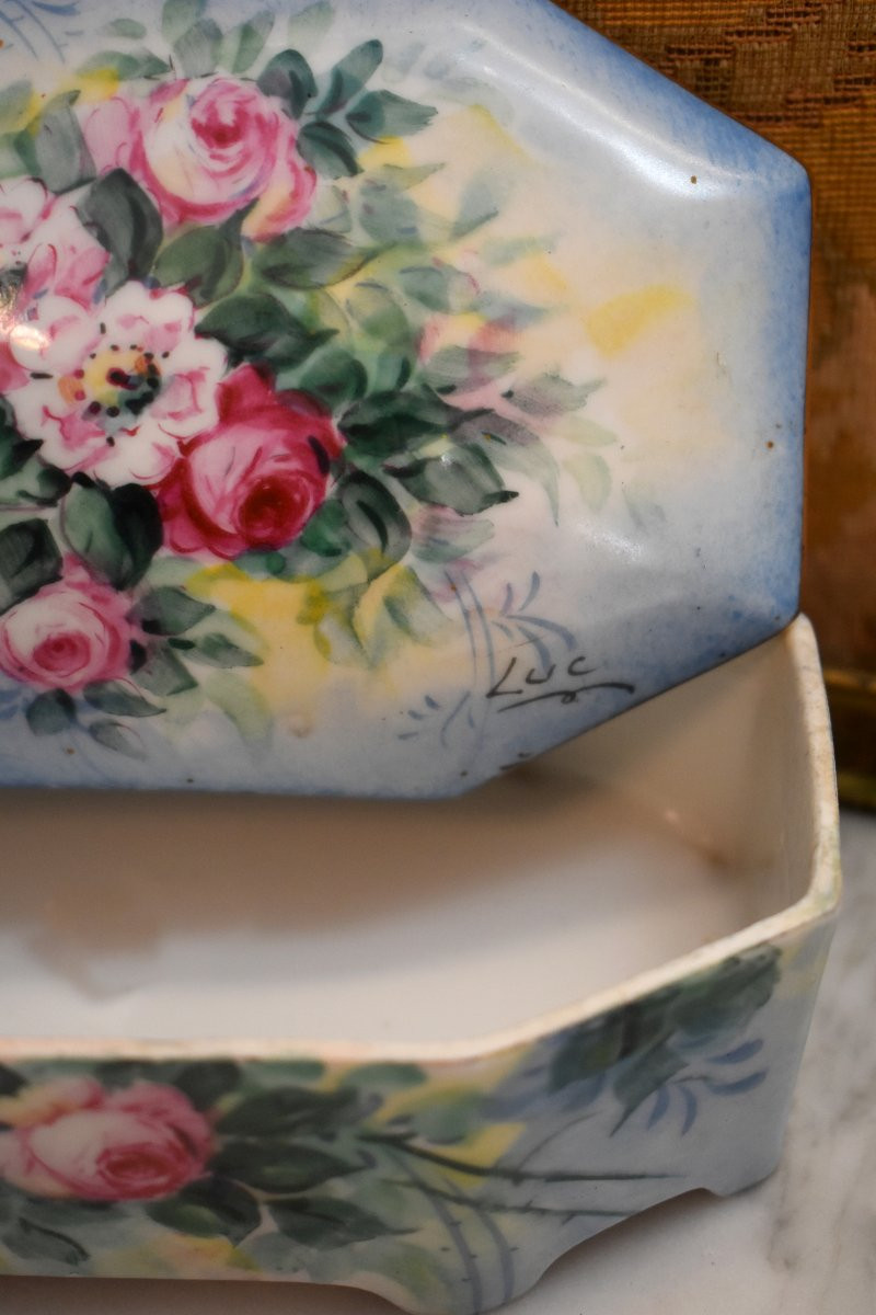 Coffret en Porcelaine de Limoges Entièrement Peint Main, Boîtes à Bijoux, Décor de Roses, Signé-photo-3