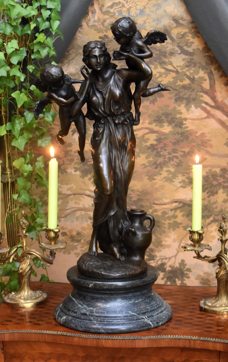 Groupe en Bronze, Le Murmure des Anges, Jeune Femme et Putti, Porteuse d'Eau et Anges, XXème-photo-3