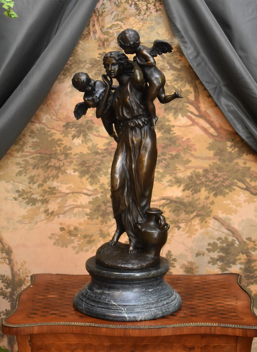 Groupe en Bronze, Le Murmure des Anges, Jeune Femme et Putti, Porteuse d'Eau et Anges, XXème-photo-1
