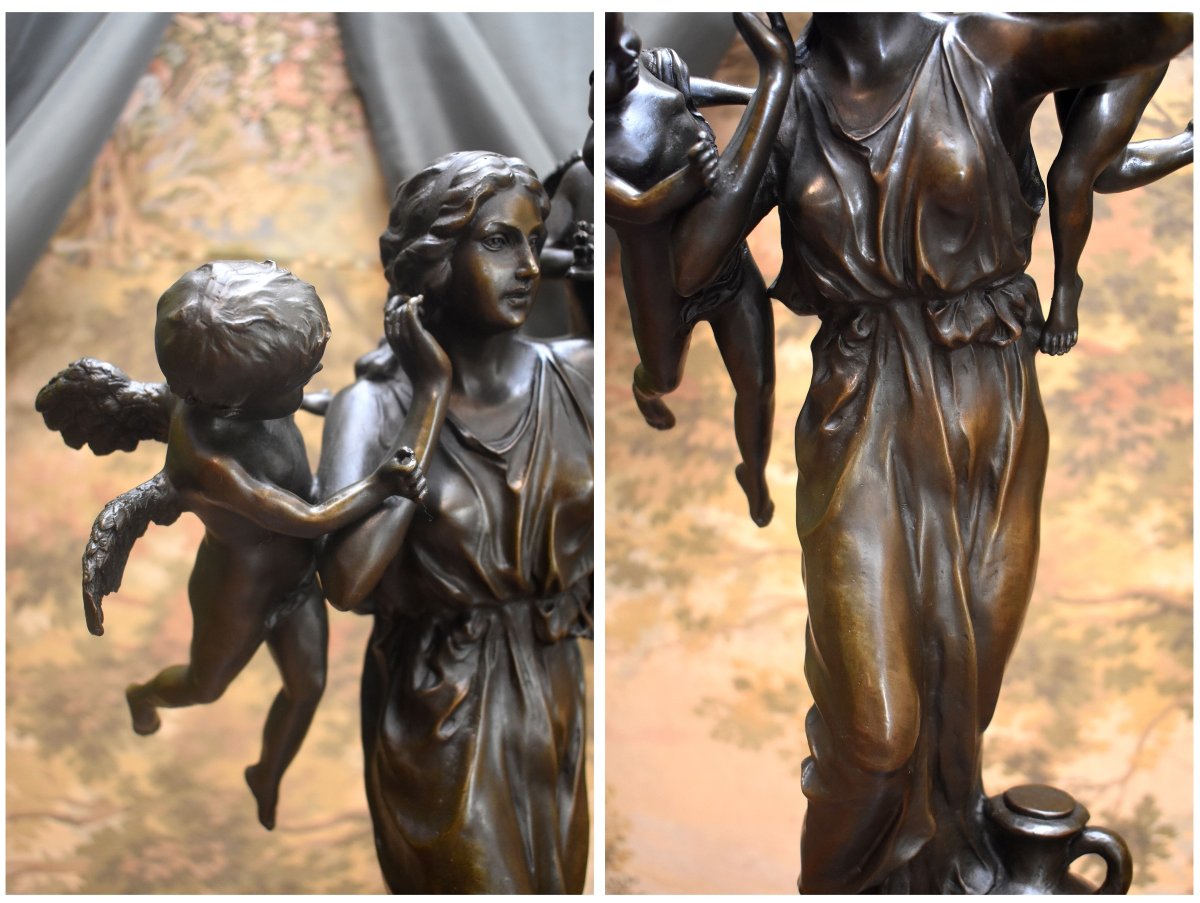 Groupe en Bronze, Le Murmure des Anges, Jeune Femme et Putti, Porteuse d'Eau et Anges, XXème-photo-5
