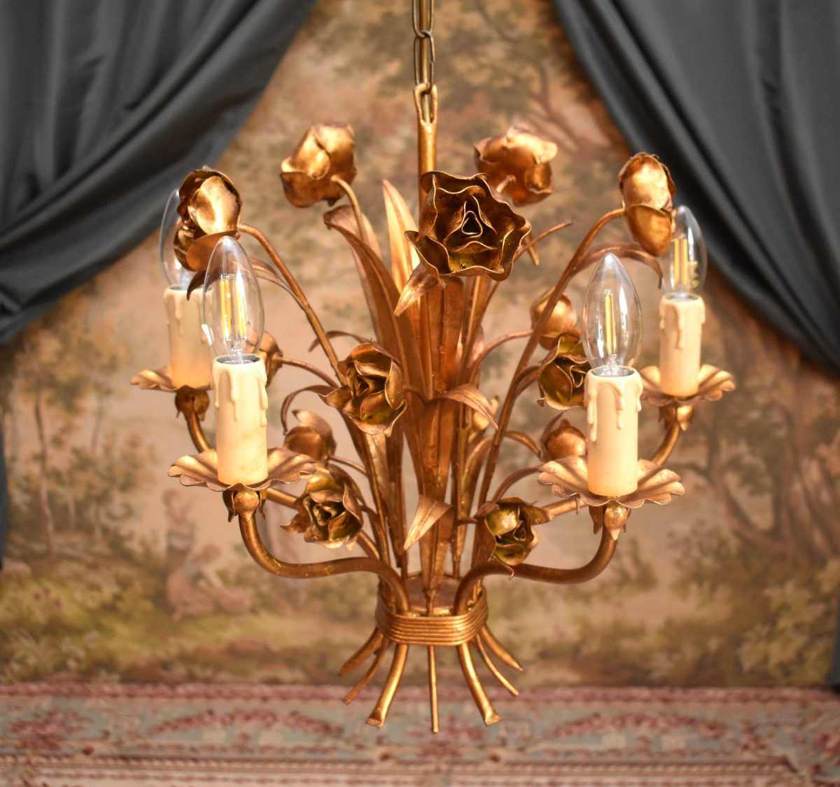 Rose Chandelier, Gold Metal Chandelier, Five Lights, Italian Style Circa 1960-photo-2