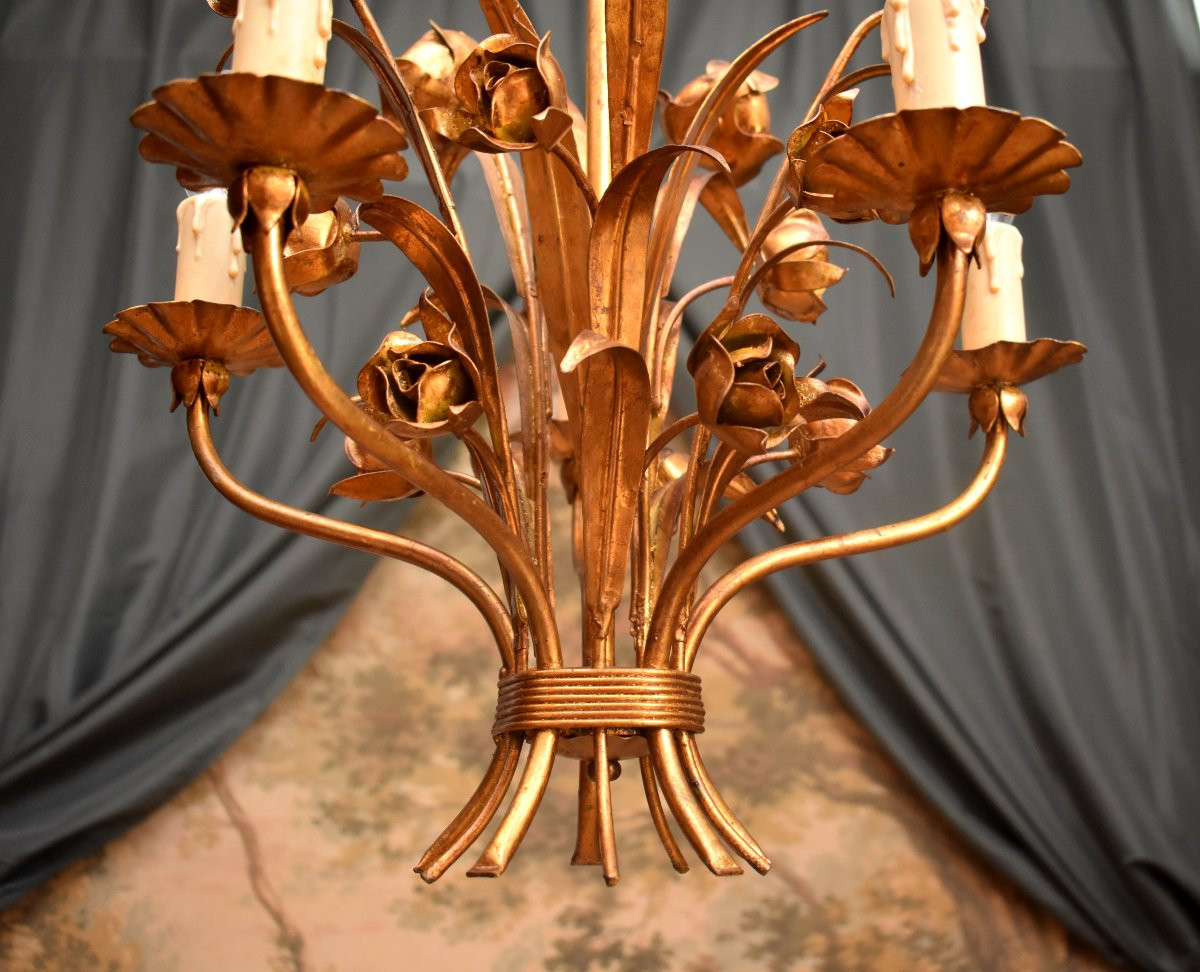 Rose Chandelier, Gold Metal Chandelier, Five Lights, Italian Style Circa 1960-photo-3