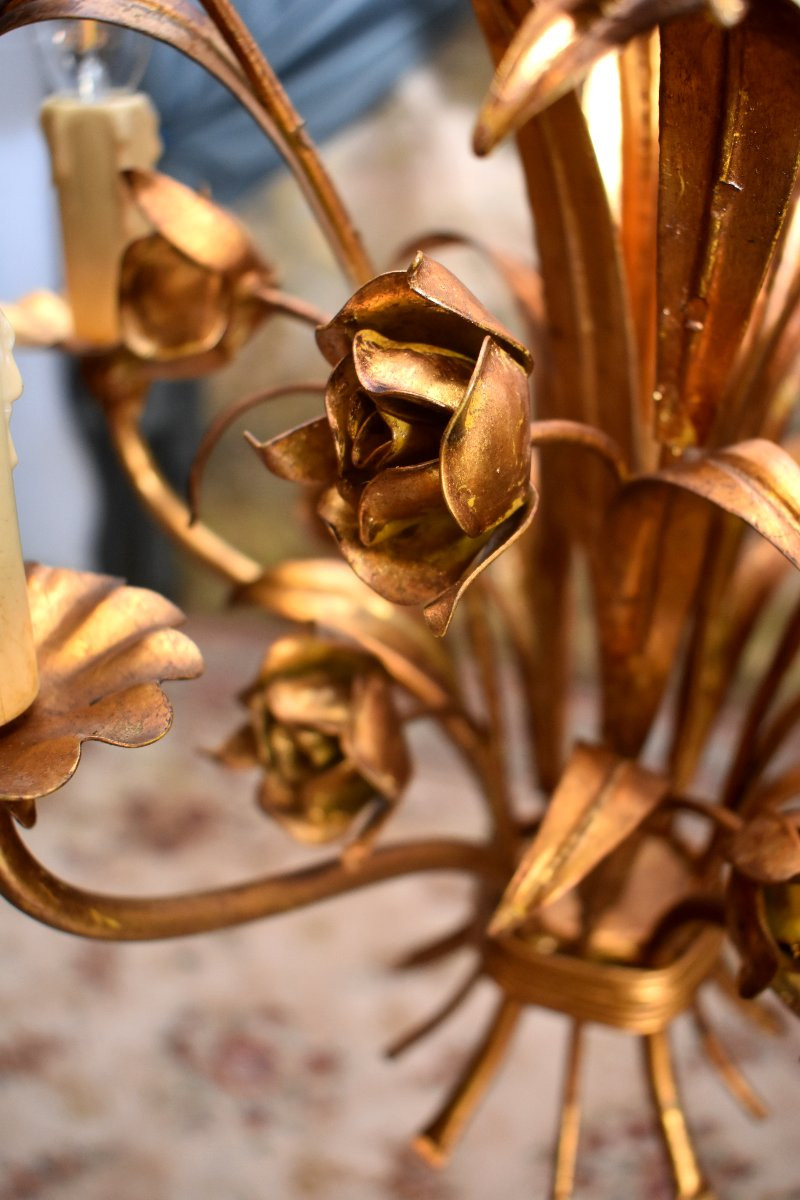 Rose Chandelier, Gold Metal Chandelier, Five Lights, Italian Style Circa 1960-photo-1