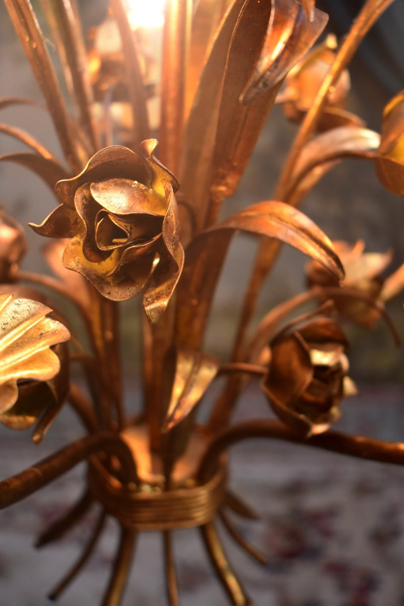 Rose Chandelier, Gold Metal Chandelier, Five Lights, Italian Style Circa 1960-photo-2