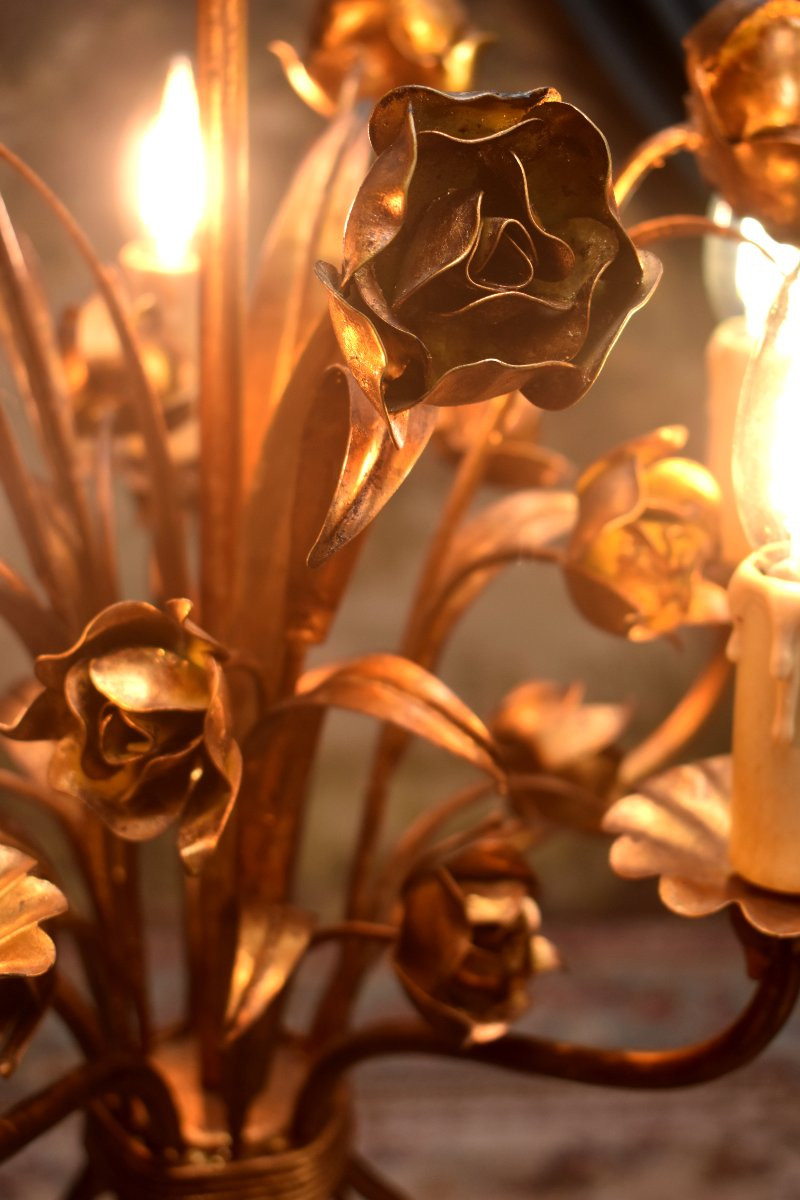 Rose Chandelier, Gold Metal Chandelier, Five Lights, Italian Style Circa 1960-photo-3