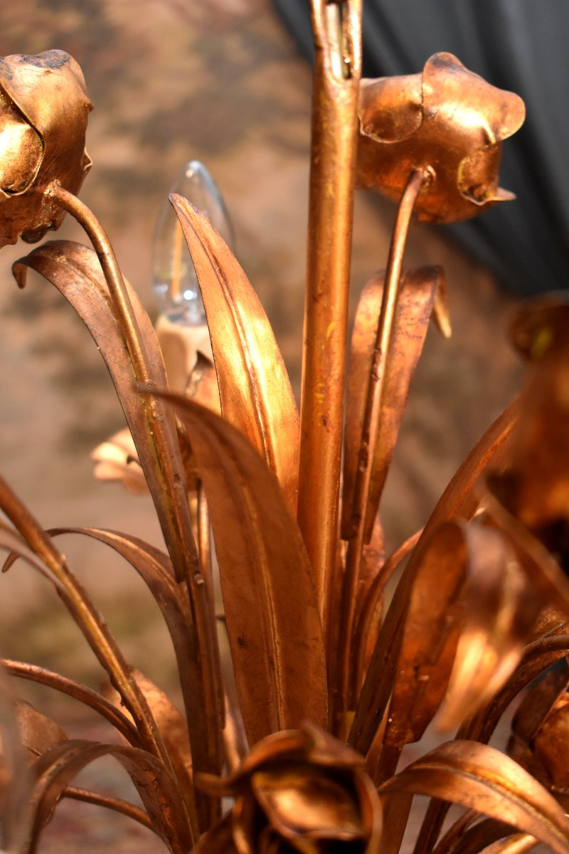 Rose Chandelier, Gold Metal Chandelier, Five Lights, Italian Style Circa 1960-photo-4
