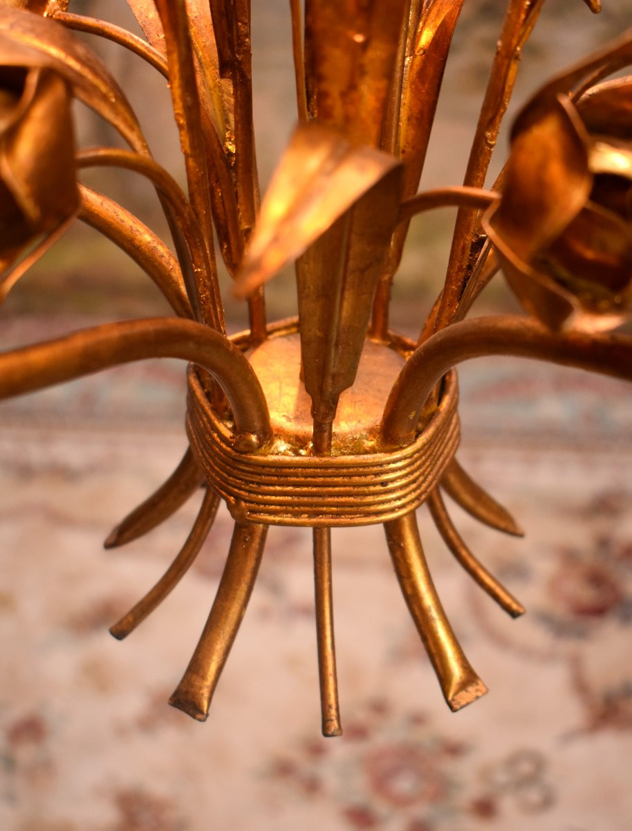 Rose Chandelier, Gold Metal Chandelier, Five Lights, Italian Style Circa 1960-photo-7