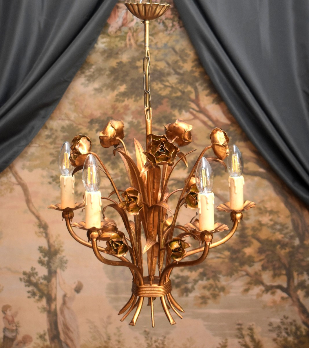 Rose Chandelier, Gold Metal Chandelier, Five Lights, Italian Style Circa 1960