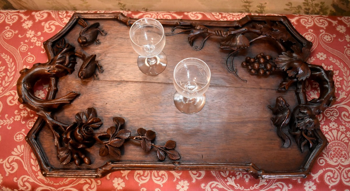 Carved Wooden Serving Tray With Animal And Plant Decor, Asia, Circa 1900