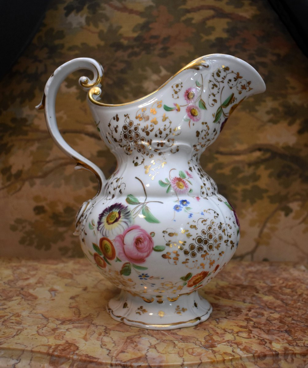 Aiguière et Bassin de Toilette en Porcelaine de Paris, Epoque Louis Philippe, Décor Peint Main-photo-2