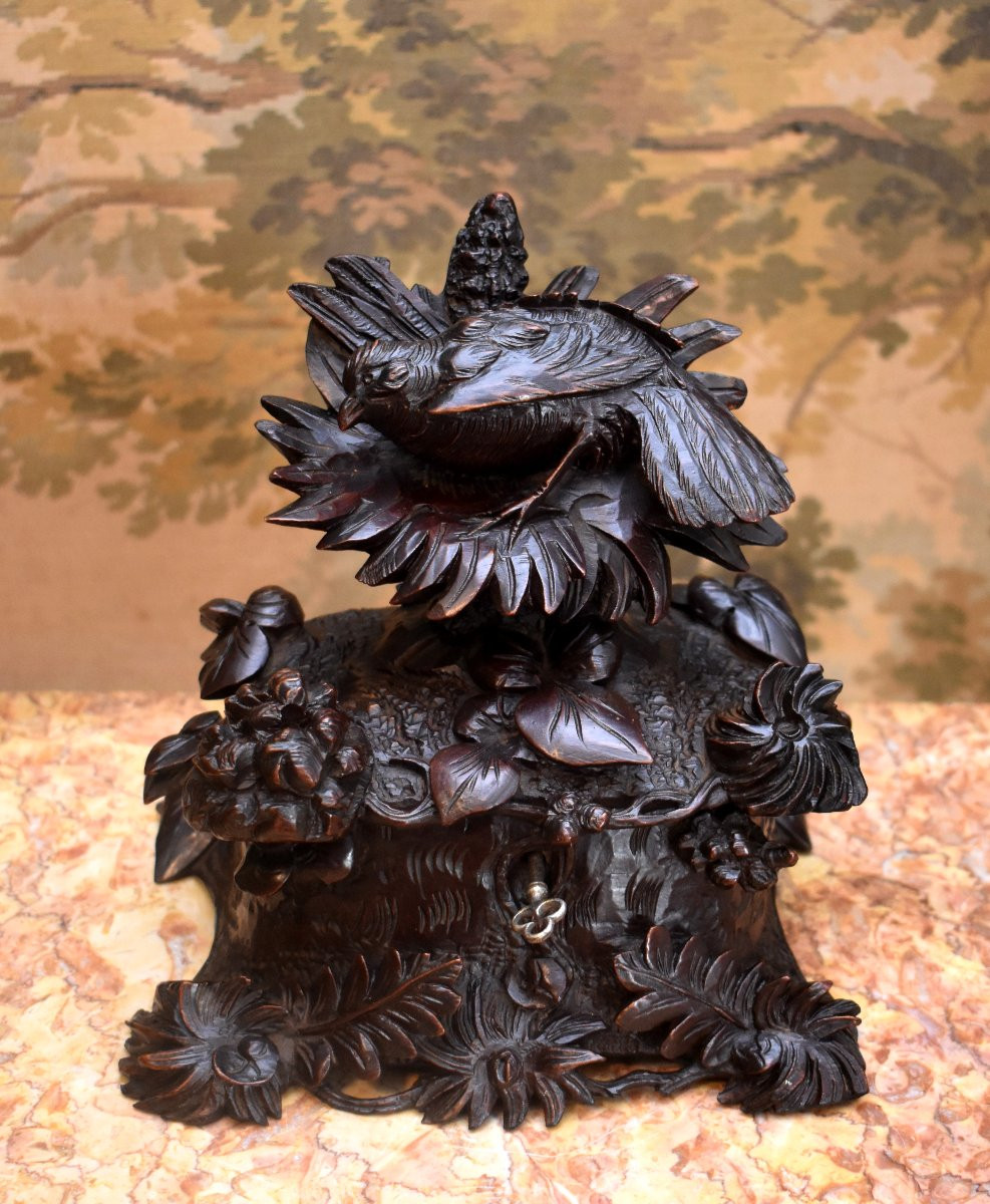 Forêt Noire, Coffret à Bijoux en Bois Sculpté, Oiseau et Végétaux, Boîte , Epoque XIXème-photo-1