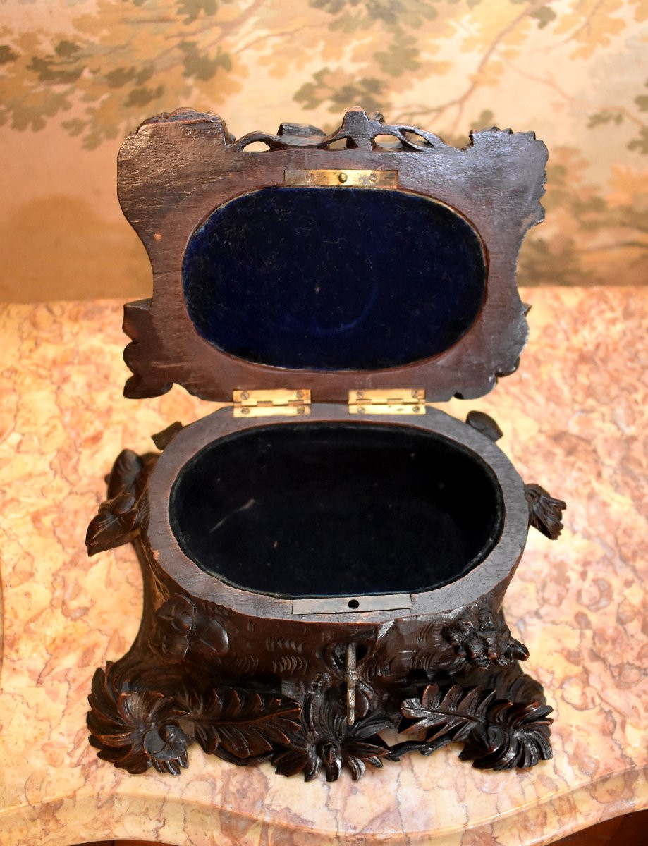 Forêt Noire, Coffret à Bijoux en Bois Sculpté, Oiseau et Végétaux, Boîte , Epoque XIXème-photo-2