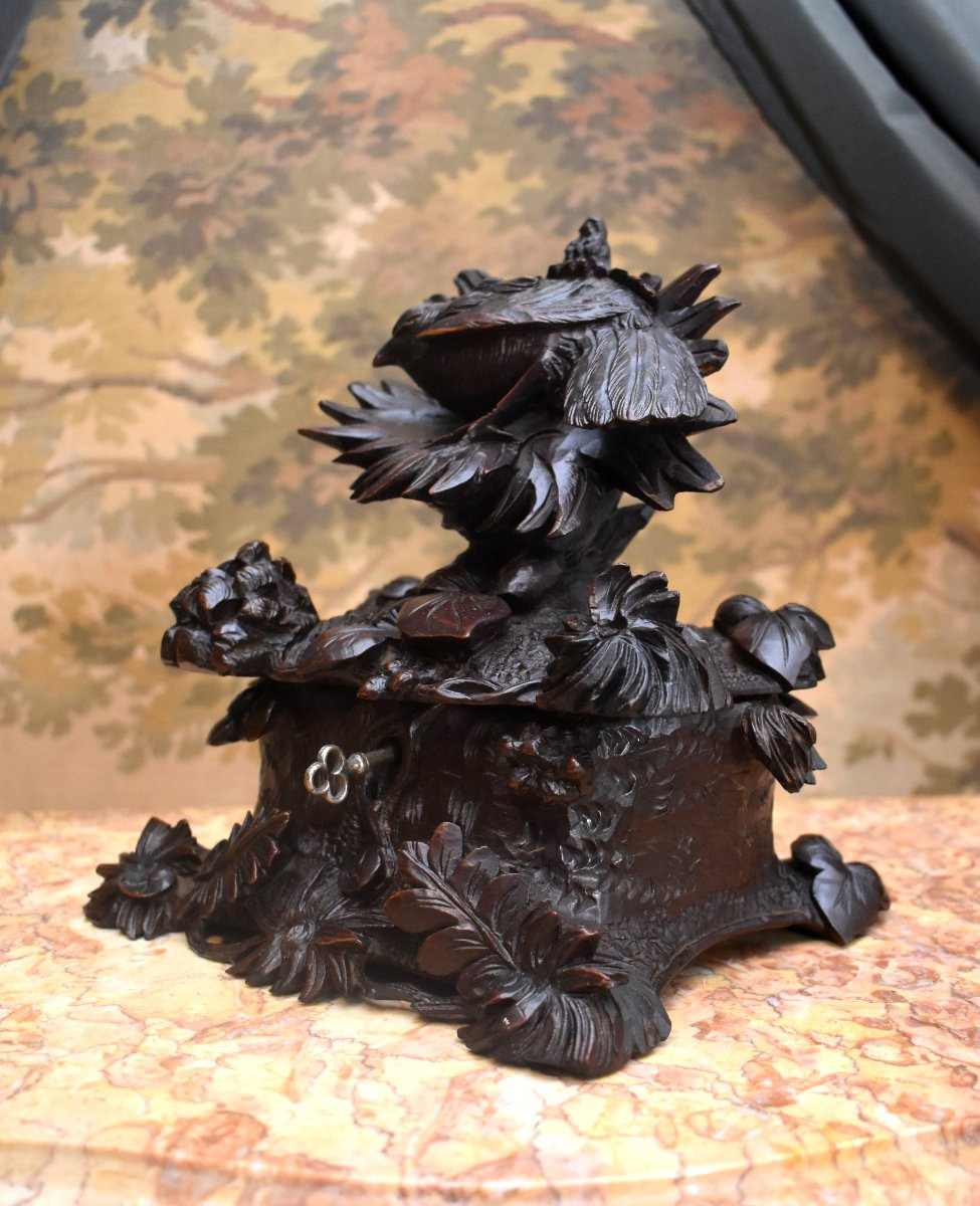 Forêt Noire, Coffret à Bijoux en Bois Sculpté, Oiseau et Végétaux, Boîte , Epoque XIXème-photo-3