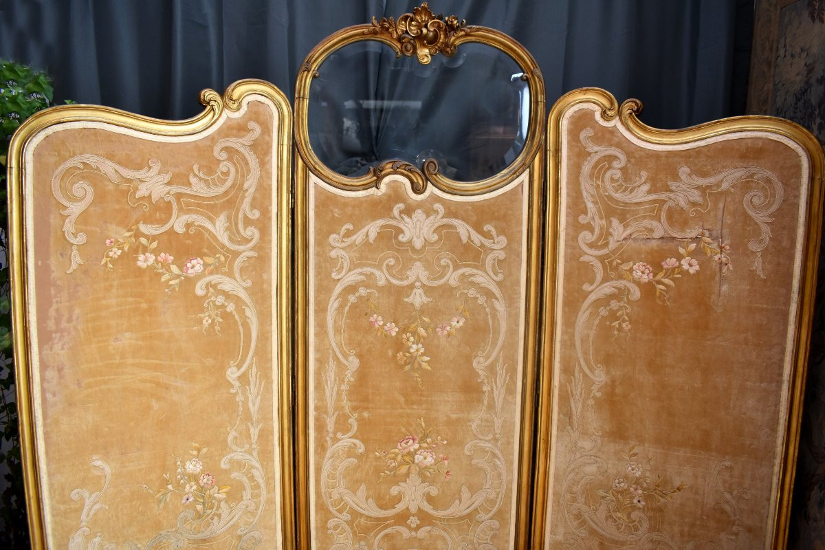 Important Paravent en Bois Dor&eacute; de Style Louis XV, Epoque Napoleon III, Tissu Velours Brod&eacute;, XIX&egrave;me-photo-2