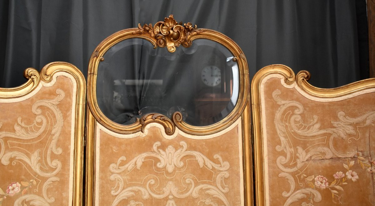 Important Paravent en Bois Dor&eacute; de Style Louis XV, Epoque Napoleon III, Tissu Velours Brod&eacute;, XIX&egrave;me-photo-4