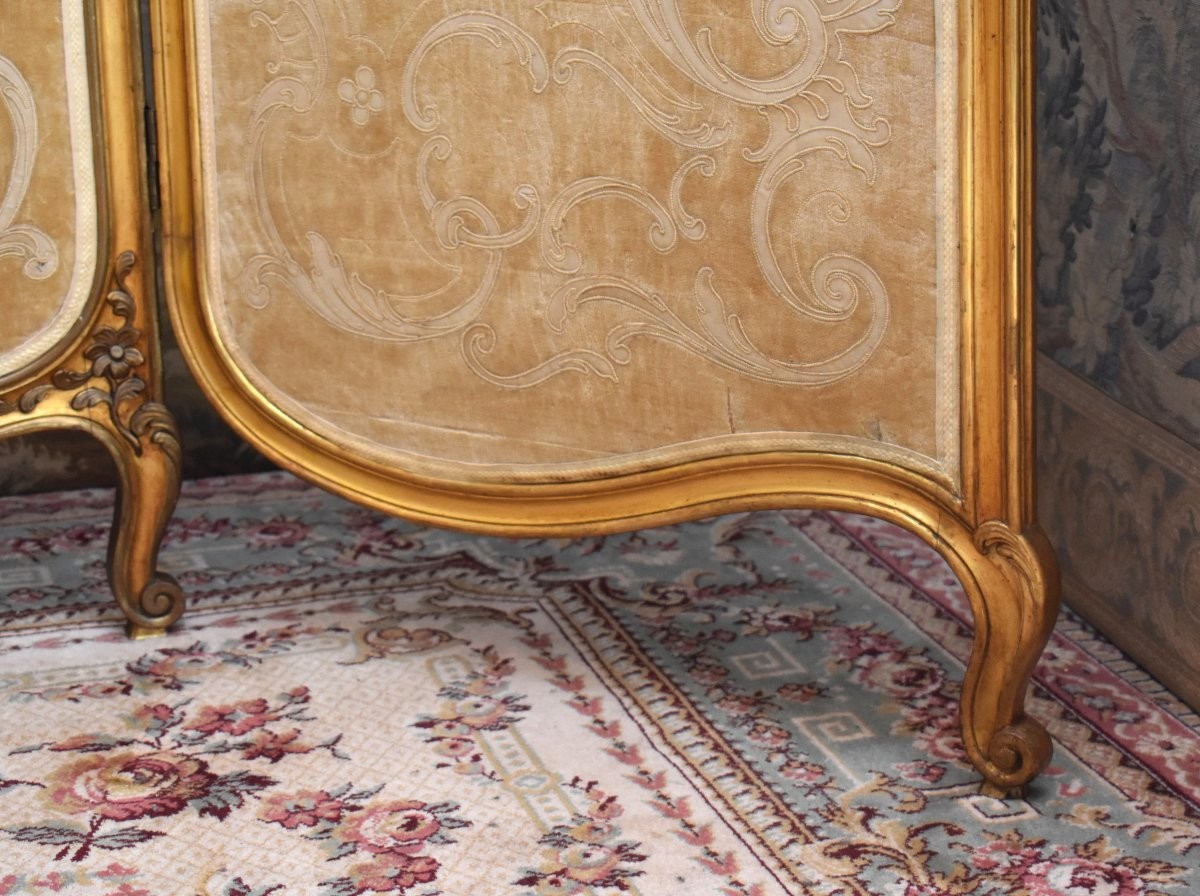 Important Paravent en Bois Dor&eacute; de Style Louis XV, Epoque Napoleon III, Tissu Velours Brod&eacute;, XIX&egrave;me-photo-2