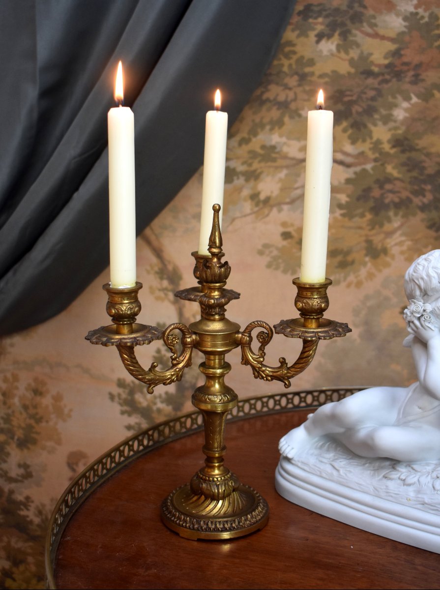 Paire de Chandeliers en Bronze Doré de Style Restauration, Bougeoirs, Trois Feux, XXème-photo-3