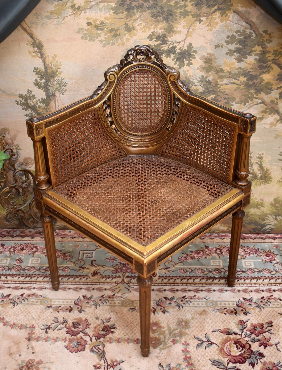 Louis XVI Style Giltwood Corner Armchair, Caned Seat, 19th Century-photo-2