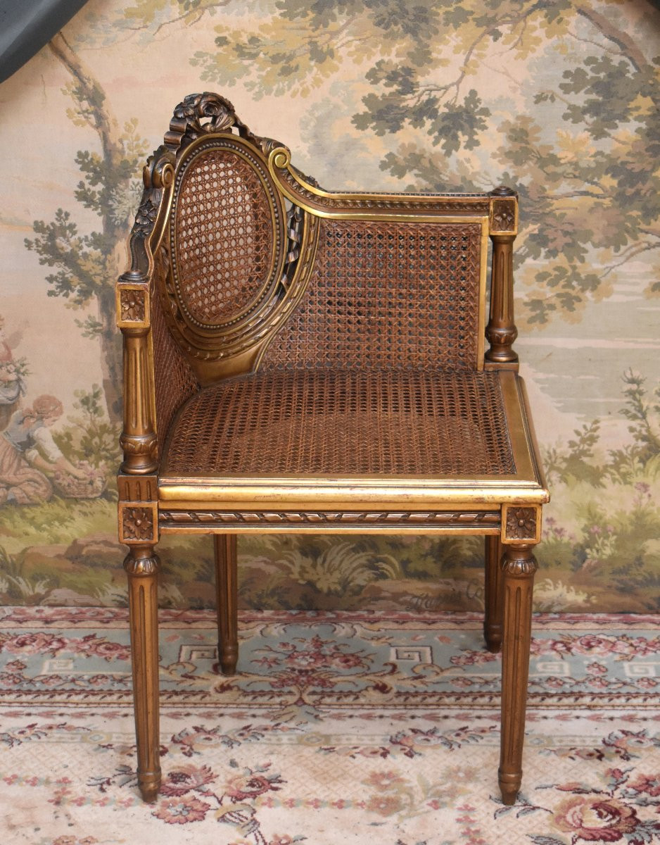 Louis XVI Style Giltwood Corner Armchair, Caned Seat, 19th Century-photo-3