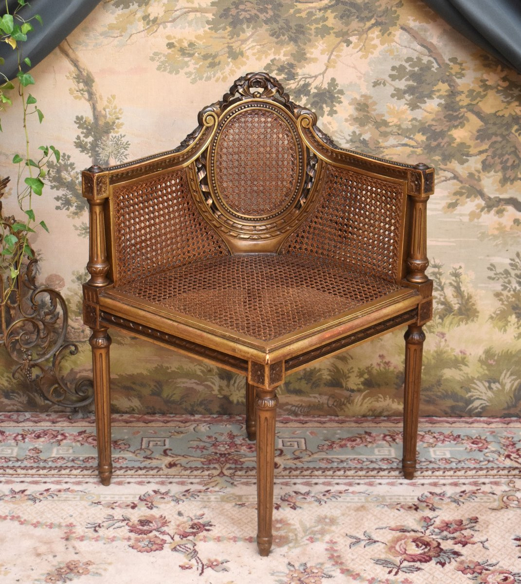 Louis XVI Style Giltwood Corner Armchair, Caned Seat, 19th Century-photo-4