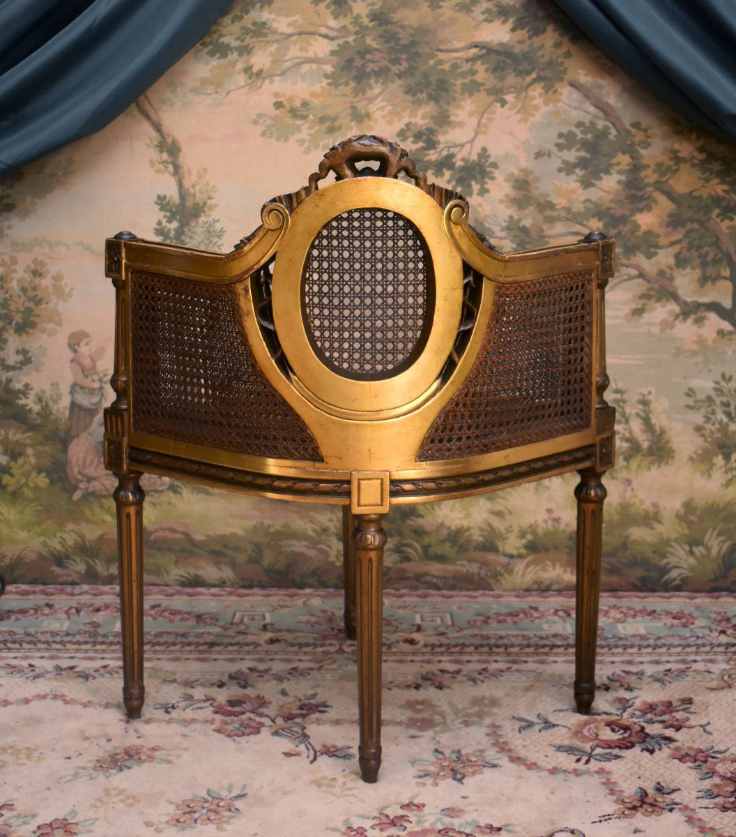 Louis XVI Style Giltwood Corner Armchair, Caned Seat, 19th Century-photo-3