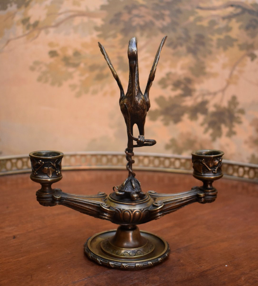 Bronze Candlestick, Heron Perched On A Turtle And Encircling A Snake, Two Lights, 19th Century-photo-3