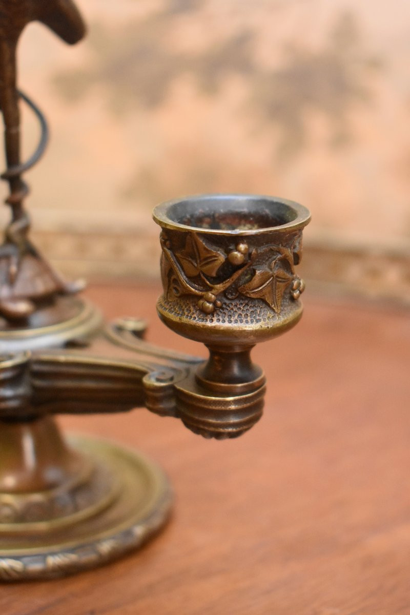 Bronze Candlestick, Heron Perched On A Turtle And Encircling A Snake, Two Lights, 19th Century-photo-3