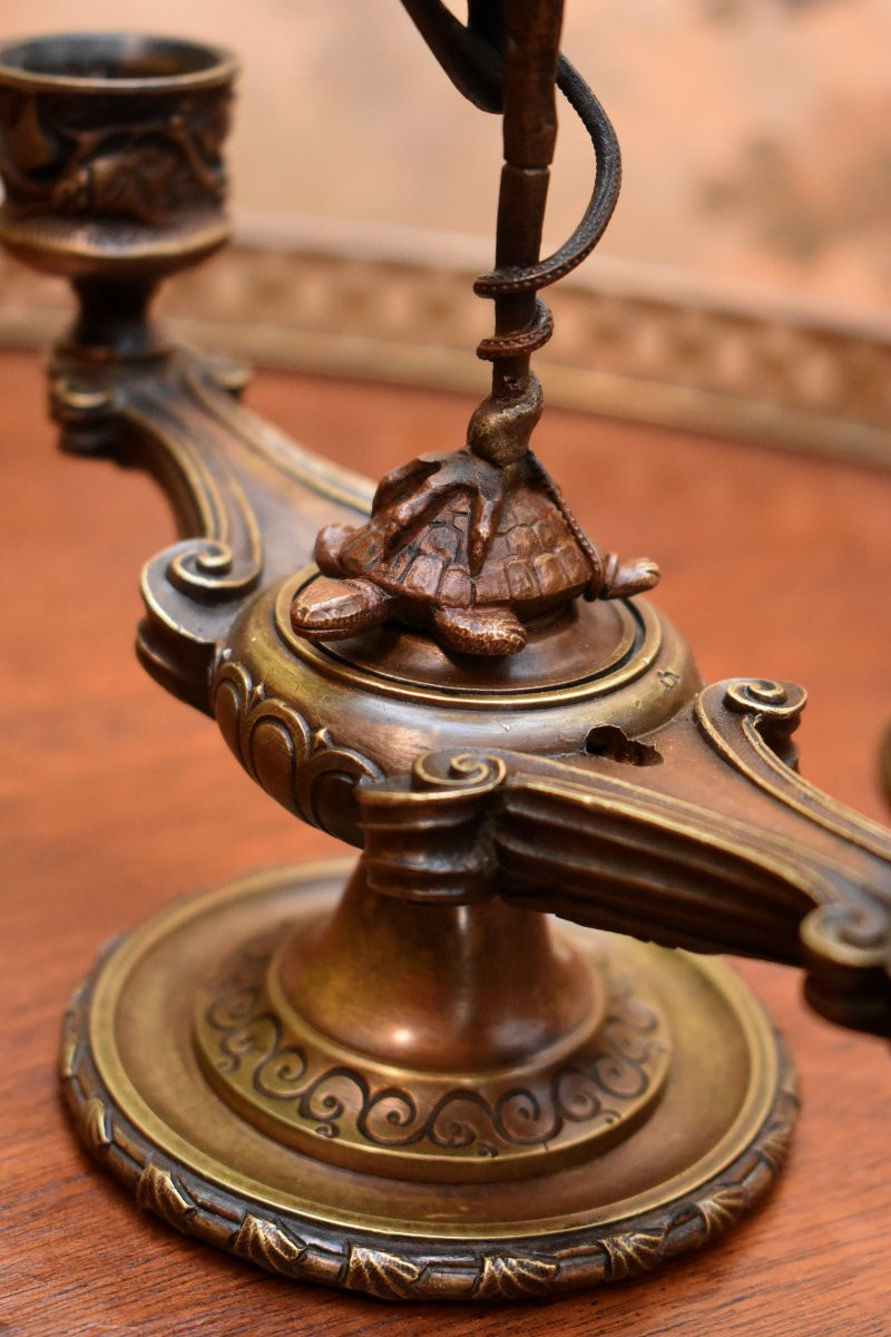 Bronze Candlestick, Heron Perched On A Turtle And Encircling A Snake, Two Lights, 19th Century-photo-4