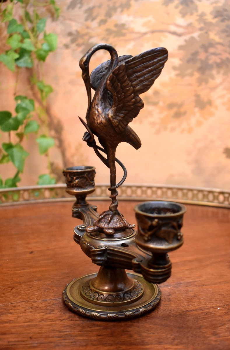 Bronze Candlestick, Heron Perched On A Turtle And Encircling A Snake, Two Lights, 19th Century