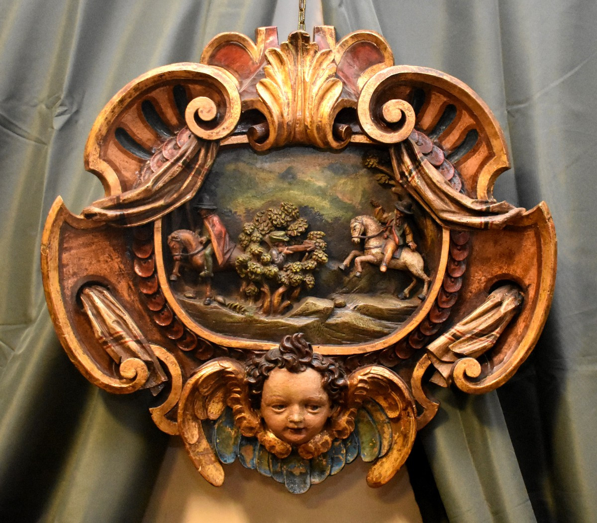 Grande Boiserie Baroque, Fronton en Bois Dor&eacute; et Bois Polychrome, Dessus de Porte, D&eacute;but XIX&egrave;me-photo-2