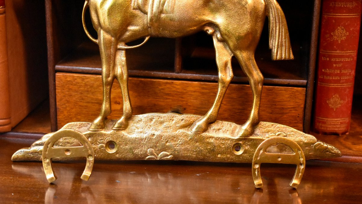 Coat Rack, Wall-mounted Locker, Horse And Horseshoes, Bronze And Gilt Brass, 20th Century-photo-2