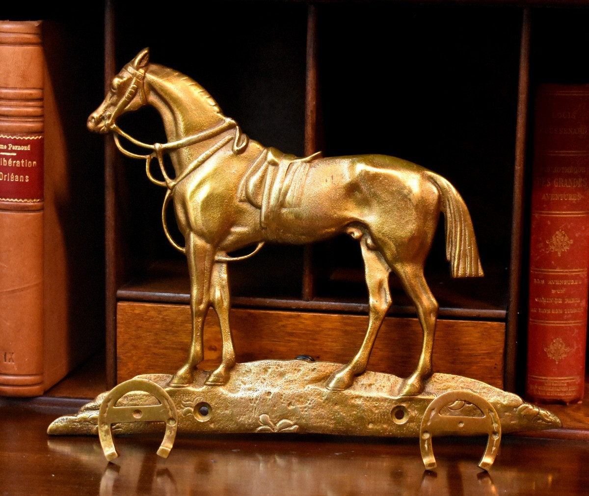 Coat Rack, Wall-mounted Locker, Horse And Horseshoes, Bronze And Gilt Brass, 20th Century