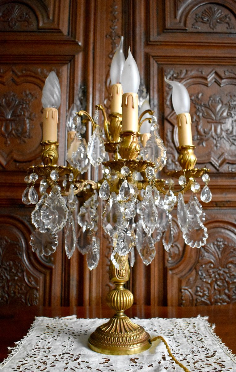  Girandole de Style Louis XV en Bronze Doré et Pampilles en  Cristal, Six Feux,  Milieu XXème-photo-2