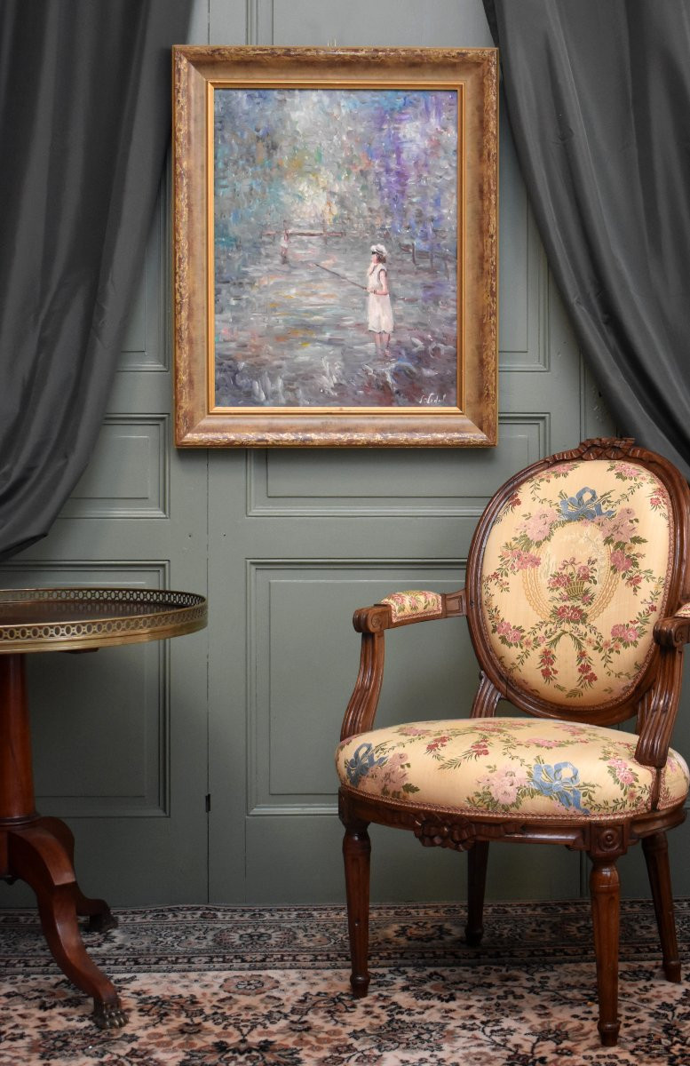 Impressionist School, Little Girls Fishing, Seaside, Oil On Canvas, First Half Of The 20th Century-photo-2