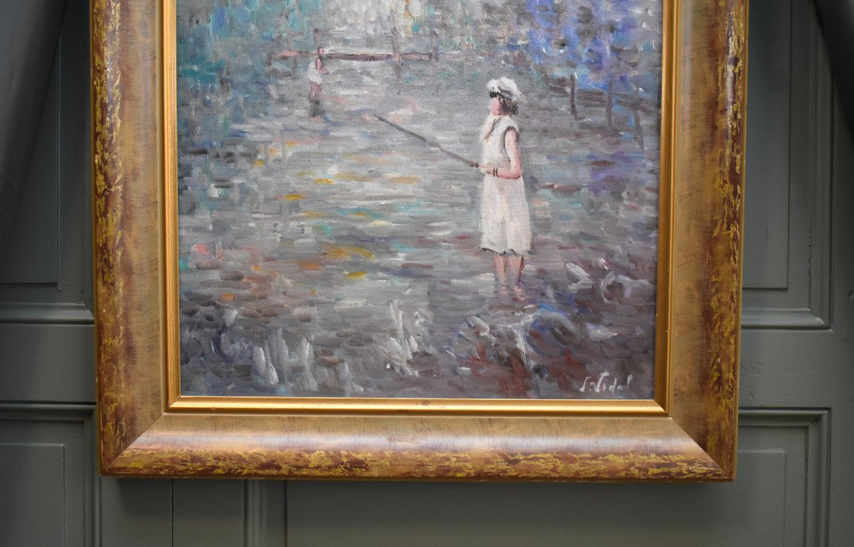 Impressionist School, Little Girls Fishing, Seaside, Oil On Canvas, First Half Of The 20th Century-photo-1