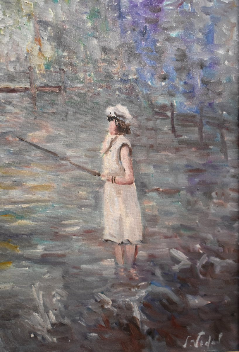 Impressionist School, Little Girls Fishing, Seaside, Oil On Canvas, First Half Of The 20th Century-photo-5