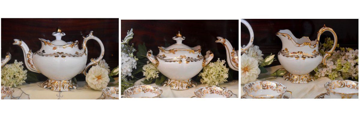 Service à café en Porcelaine Blanche et Or, Style Rocaille, Epoque Louis Philippe, Huit tasses-photo-1
