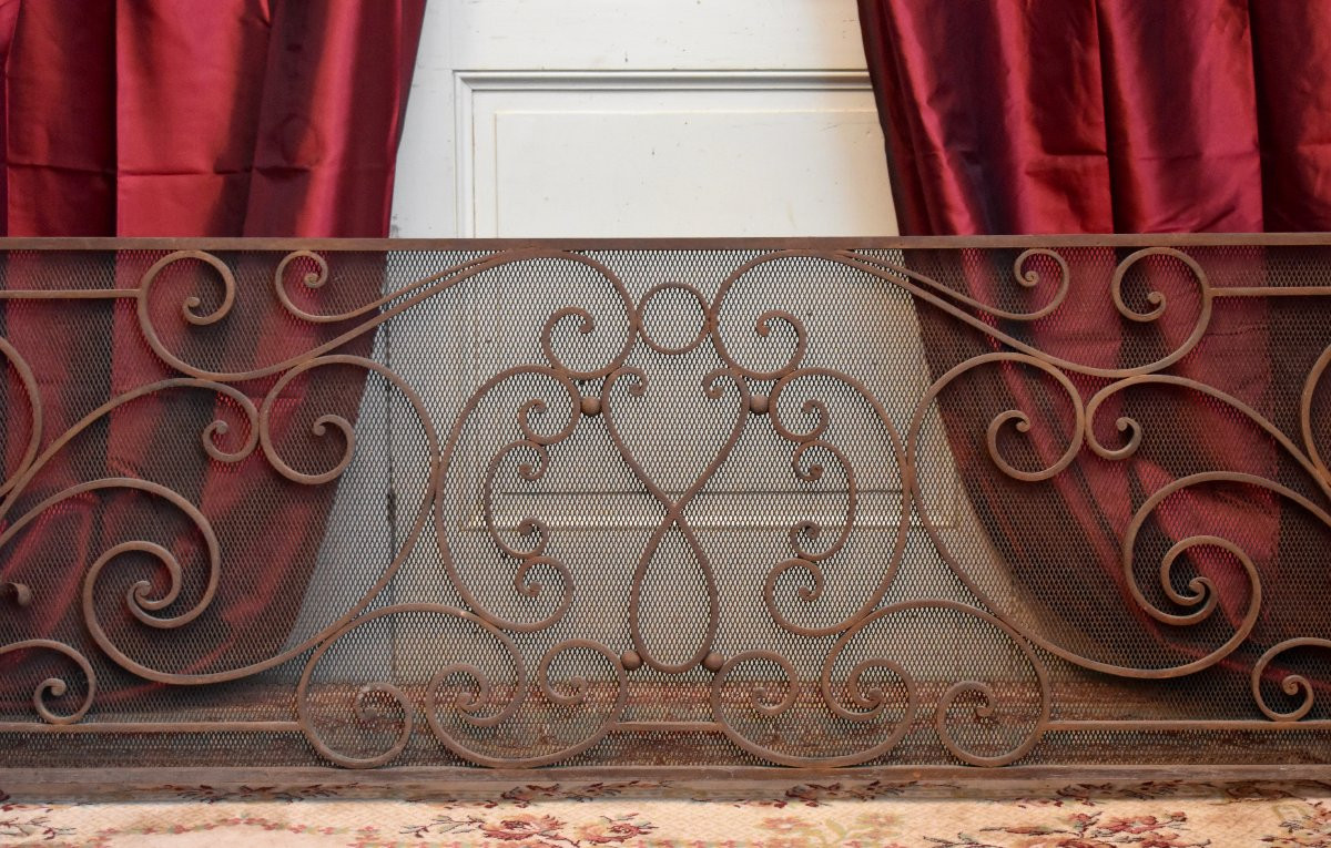 Grille de Cheminée de Château, Grand Pare Feu en Fer Forgé, 2m04, Epoque  XIXème-photo-1