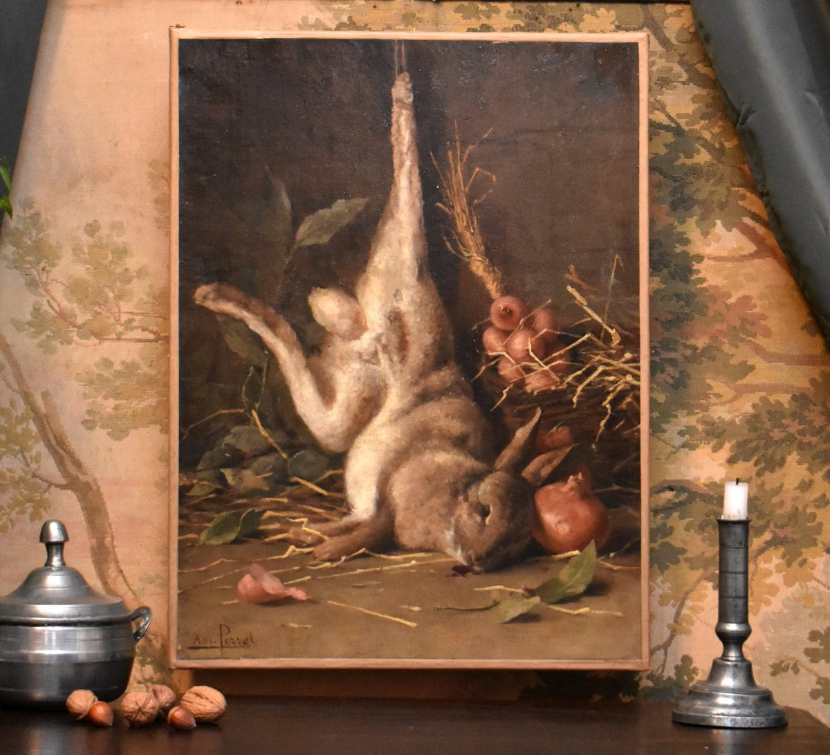 Antoine Perret (1843-1889), Still Life With Hare And Liliaceae, Oil On Canvas, 19th Century-photo-2
