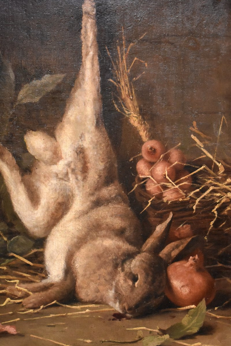 Antoine Perret (1843-1889), Still Life With Hare And Liliaceae, Oil On Canvas, 19th Century-photo-3