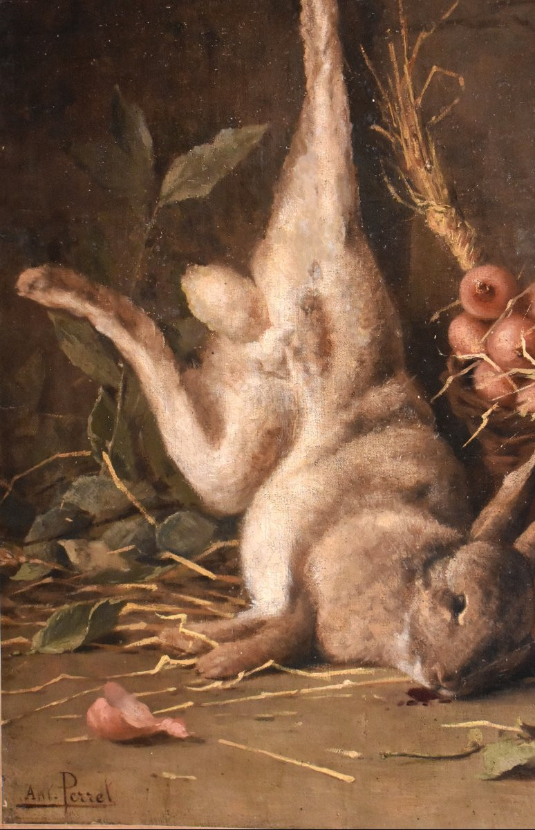 Antoine Perret (1843-1889), Still Life With Hare And Liliaceae, Oil On Canvas, 19th Century-photo-4