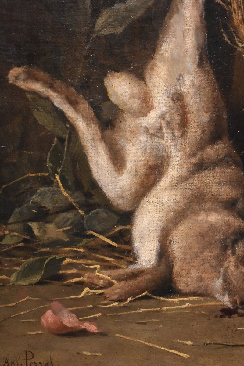 Antoine Perret (1843-1889), Still Life With Hare And Liliaceae, Oil On Canvas, 19th Century-photo-1