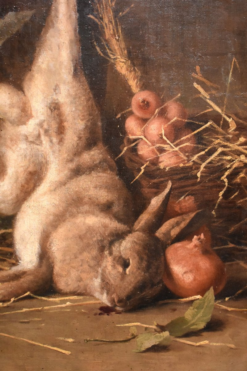 Antoine Perret (1843-1889), Still Life With Hare And Liliaceae, Oil On Canvas, 19th Century-photo-3
