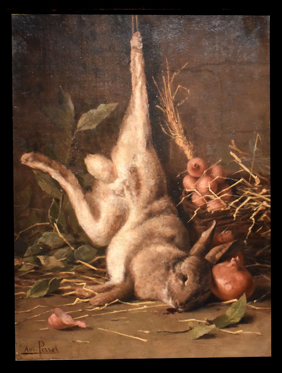 Antoine Perret (1843-1889), Still Life With Hare And Liliaceae, Oil On Canvas, 19th Century