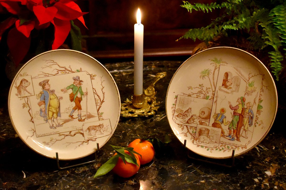  Fables de la Fontaine par Creil et Montereau, Service à Dessert, Huit  Assiettes en Faïence -photo-2