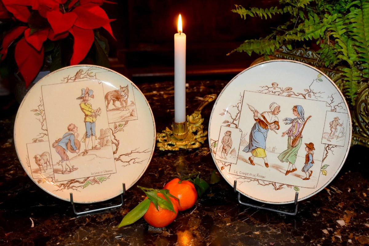  Fables de la Fontaine par Creil et Montereau, Service à Dessert, Huit  Assiettes en Faïence -photo-3