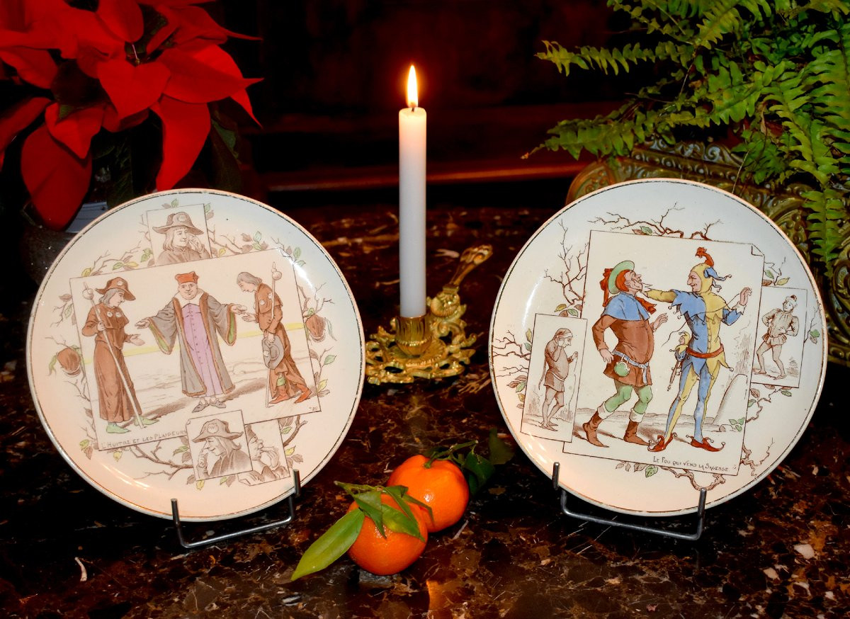  Fables de la Fontaine par Creil et Montereau, Service à Dessert, Huit  Assiettes en Faïence -photo-1