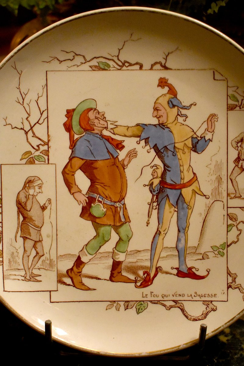  Fables de la Fontaine par Creil et Montereau, Service à Dessert, Huit  Assiettes en Faïence -photo-3