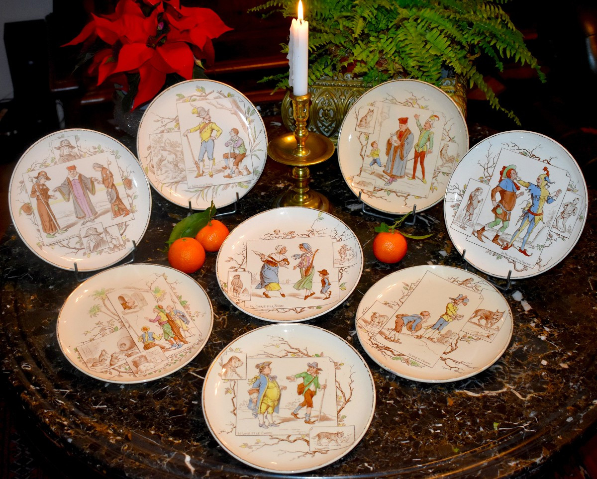  Fables de la Fontaine par Creil et Montereau, Service à Dessert, Huit  Assiettes en Faïence 
